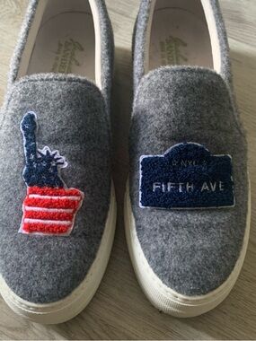 Gray Felt Slip-On Sneakers with Red & Navy NYC Patches